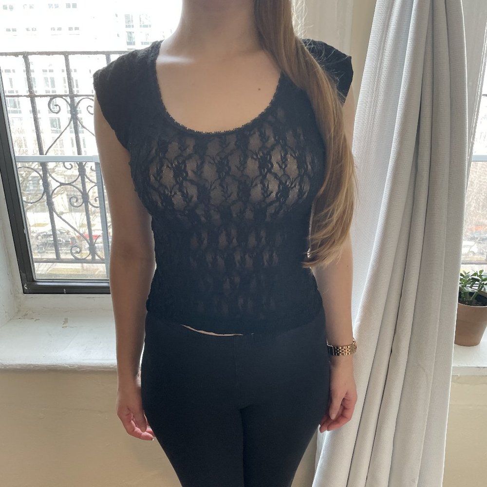 Black Sheer Lace Cap Sleeve Top
